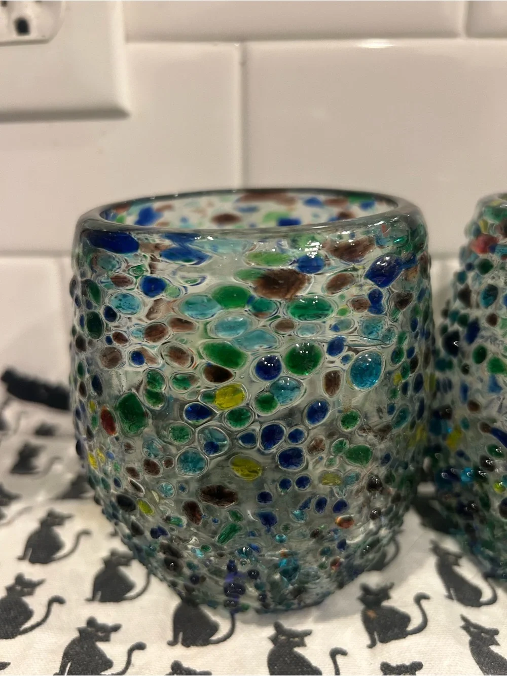 Confetti pebbled Mexican glass stemless wine glasses.